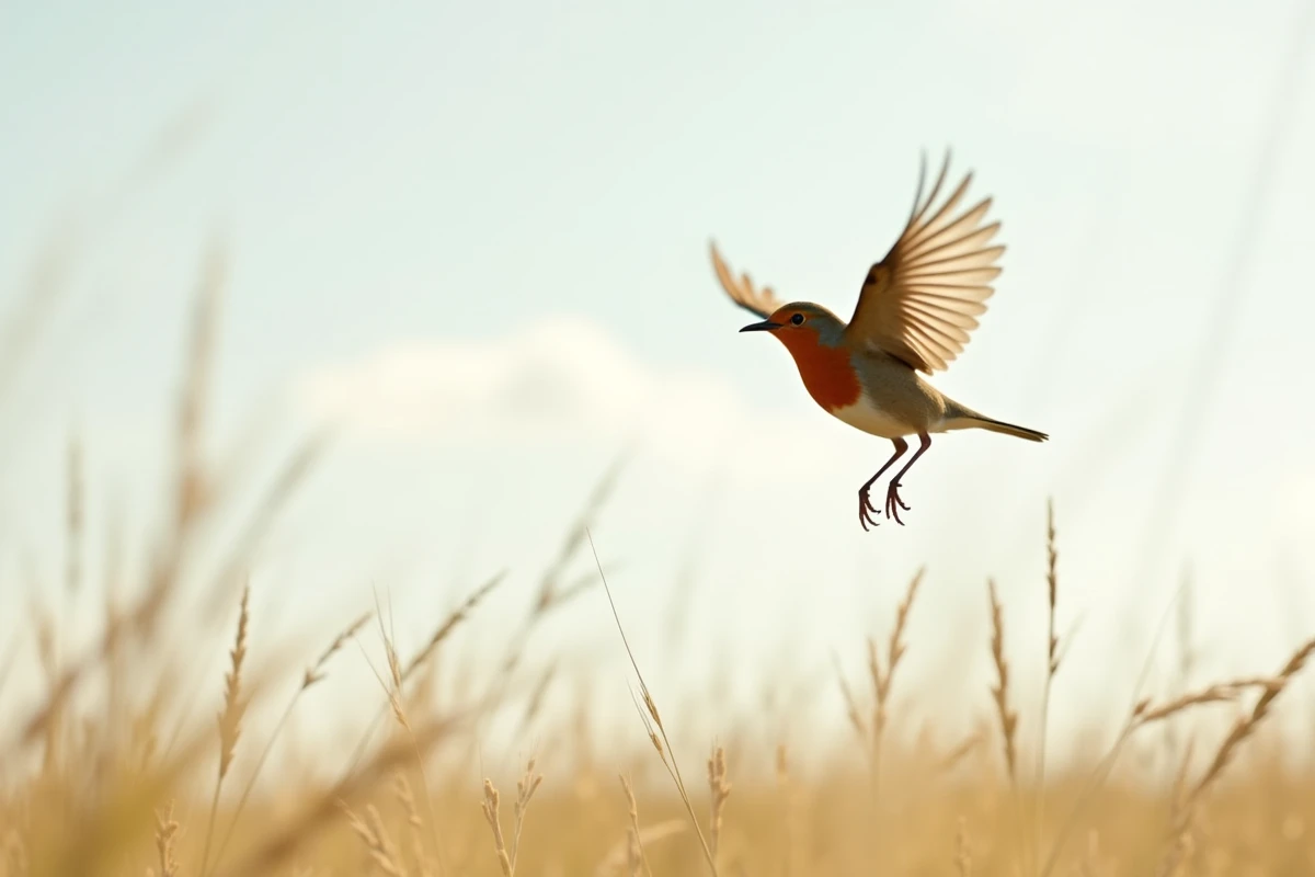 Rouge-gorge en plein vol au-dessus d'une prairie venteuse sous un ciel nuageux