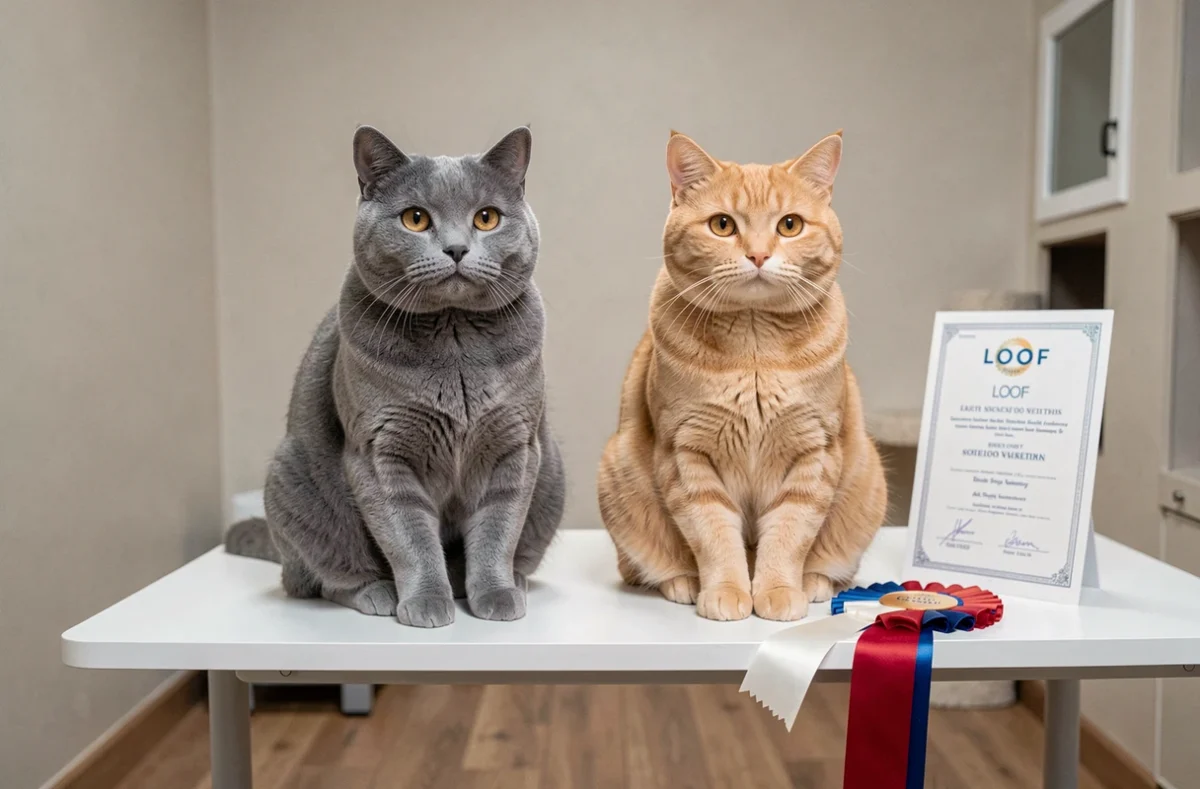 Deux chats British Shorthair primés assis côte à côte avec un certificat LOOF et une rosette de classement régional