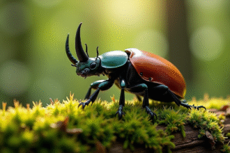 Scarabeo japonais sur un tronc mousseux en forêt ensoleillée