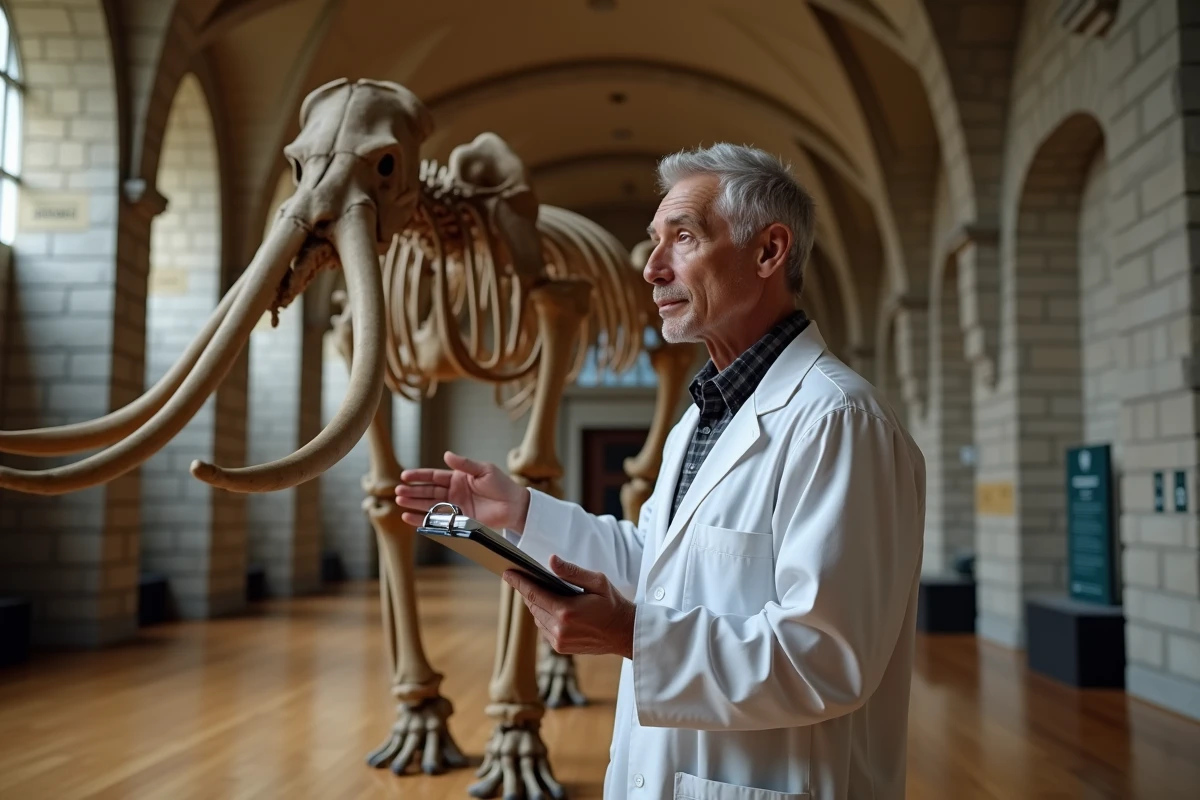 Scientifique analysant le squelette reconstitué d'un mammouth dans une salle de musée d'histoire naturelle