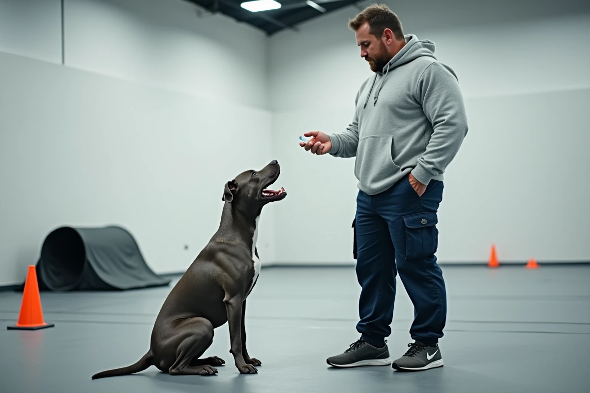 Maître et Pitbull en séance d'éducation canine positive dans un espace d'entraînement intérieur