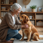 Seniorelle heureuse caressant son chien dans un salon chaleureux