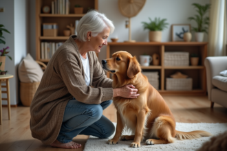 Seniorelle heureuse caressant son chien dans un salon chaleureux
