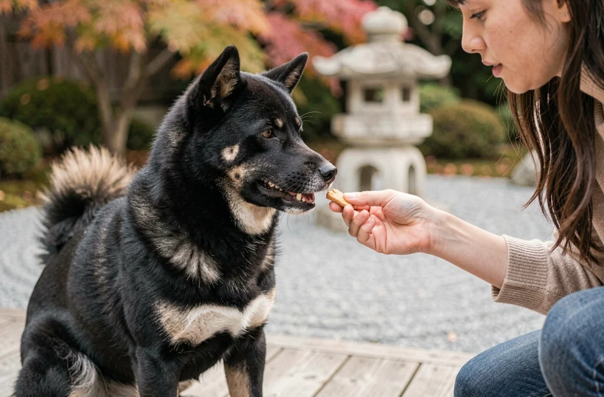 Femme offrant une friandise naturelle à un Shiba Inu noir dans un jardin japonais avec lanternes en pierre et feuilles d'automne