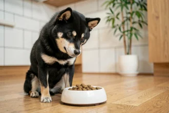 Shiba Inu noir assis devant sa gamelle de croquettes en céramique sur un parquet en chêne clair dans une cuisine japonaise moderne