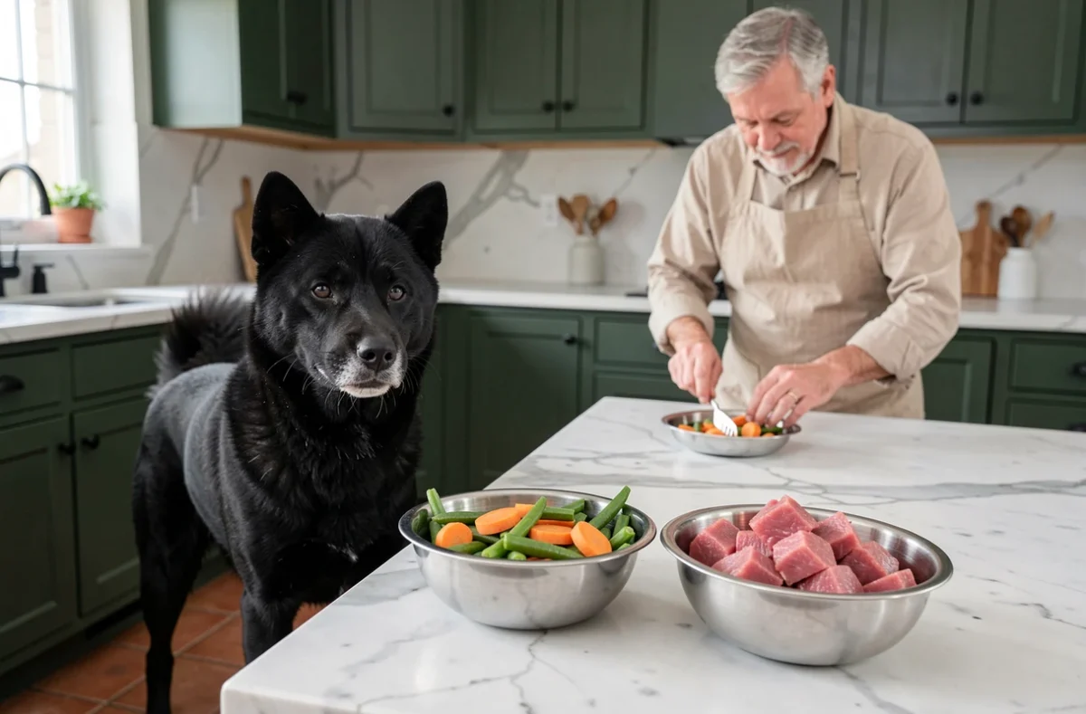 Shiba Inu noir debout près de bols en inox avec légumes et viande fraîche pendant la préparation d'un repas maison dans une cuisine moderne