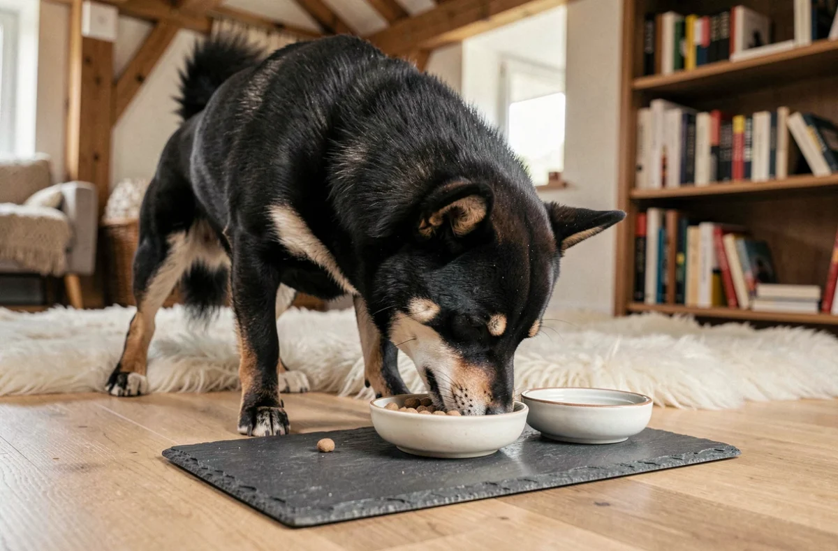 Shiba Inu noir mangeant de la pâtée dans un bol posé sur un tapis ardoise dans un intérieur scandinave chaleureux avec poutres en bois