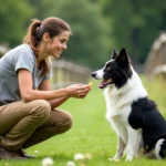Jeune femme soignant un border collie en plein air