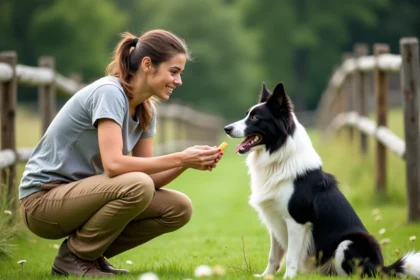 Jeune femme soignant un border collie en plein air