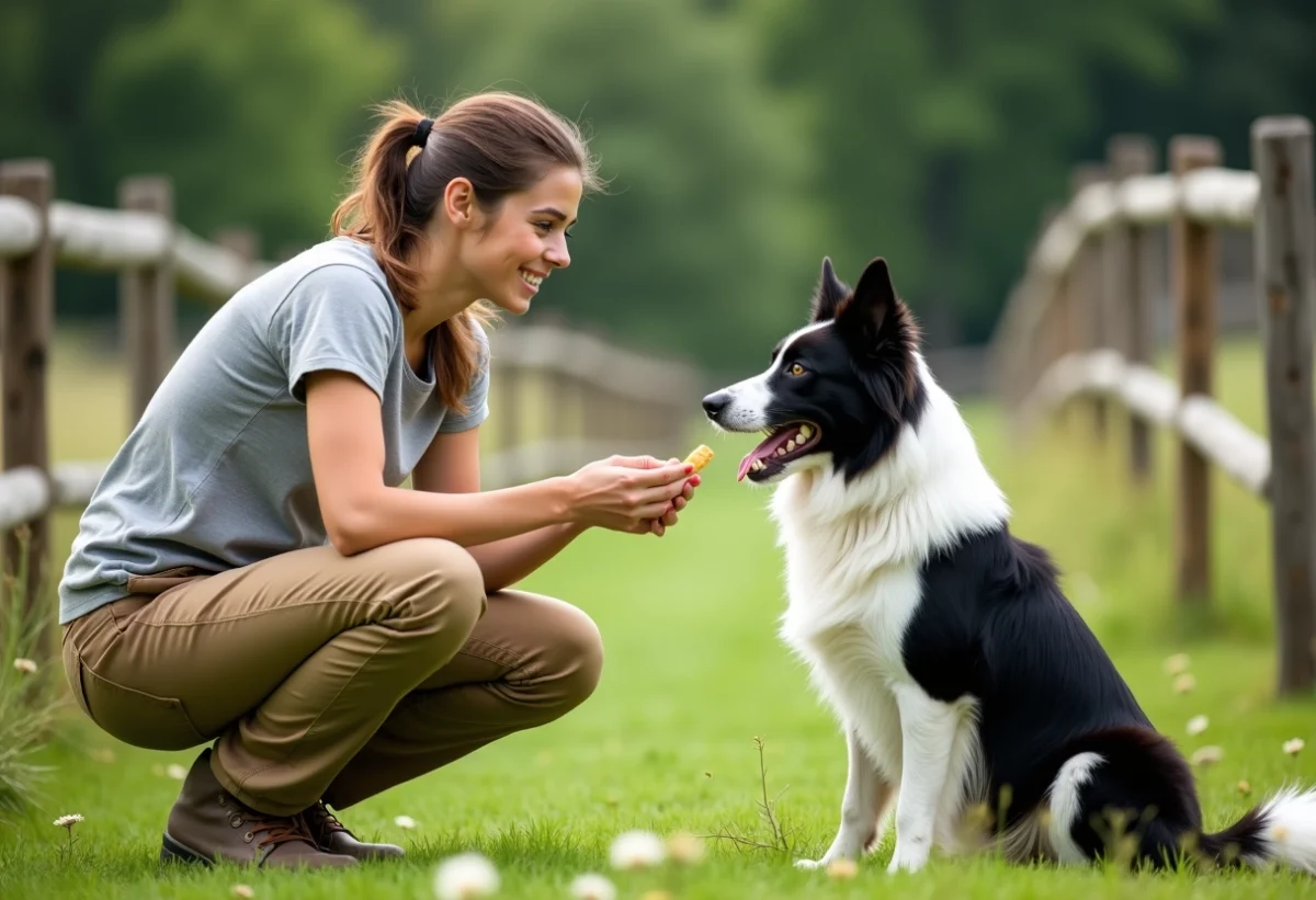 Jeune femme soignant un border collie en plein air