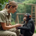 Soigneur féminin caressant un jeune chimpanzee dans un sanctuaire