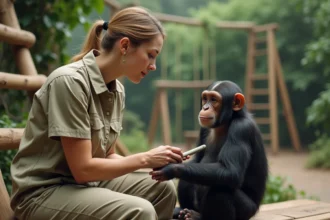 Soigneur féminin caressant un jeune chimpanzee dans un sanctuaire