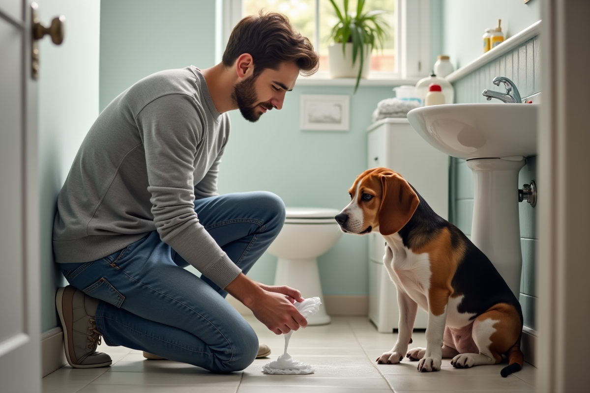 Homme utilisant des lingettes pour nettoyer un chien à la maison