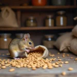 Petite souris en bois près de graines de tournesol dans un hangar rustique