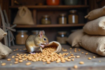 Petite souris en bois près de graines de tournesol dans un hangar rustique