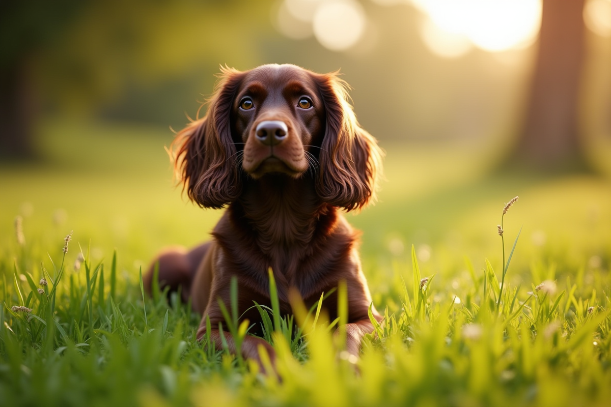 Spaniel elegant assis dans une prairie verte au matin