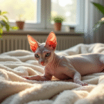 Chat sphynx sans poils s'étirant sur un canapé cosy