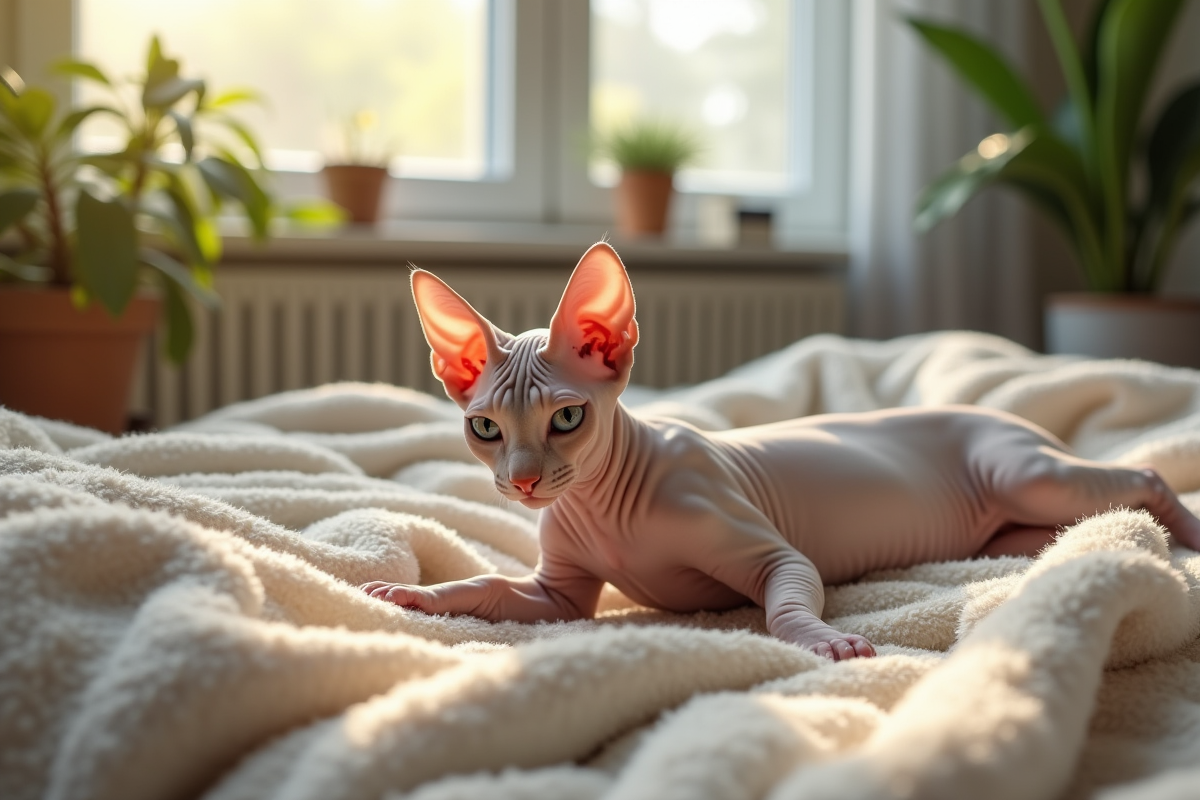 Chat sphynx sans poils s'étirant sur un canapé cosy