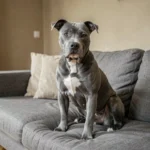 Staffie Bleu adulte allongé calmement sur un canapé dans un appartement parisien moderne
