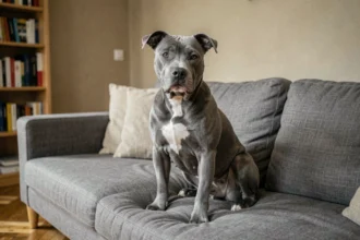 Staffie Bleu adulte allongé calmement sur un canapé dans un appartement parisien moderne