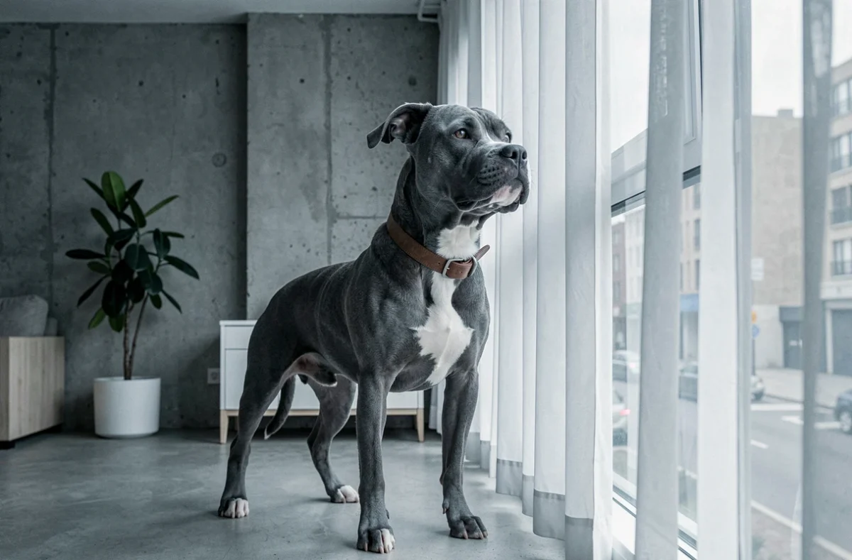 Staffie Bleu adulte debout près d'une fenêtre d'appartement avec vue sur la ville