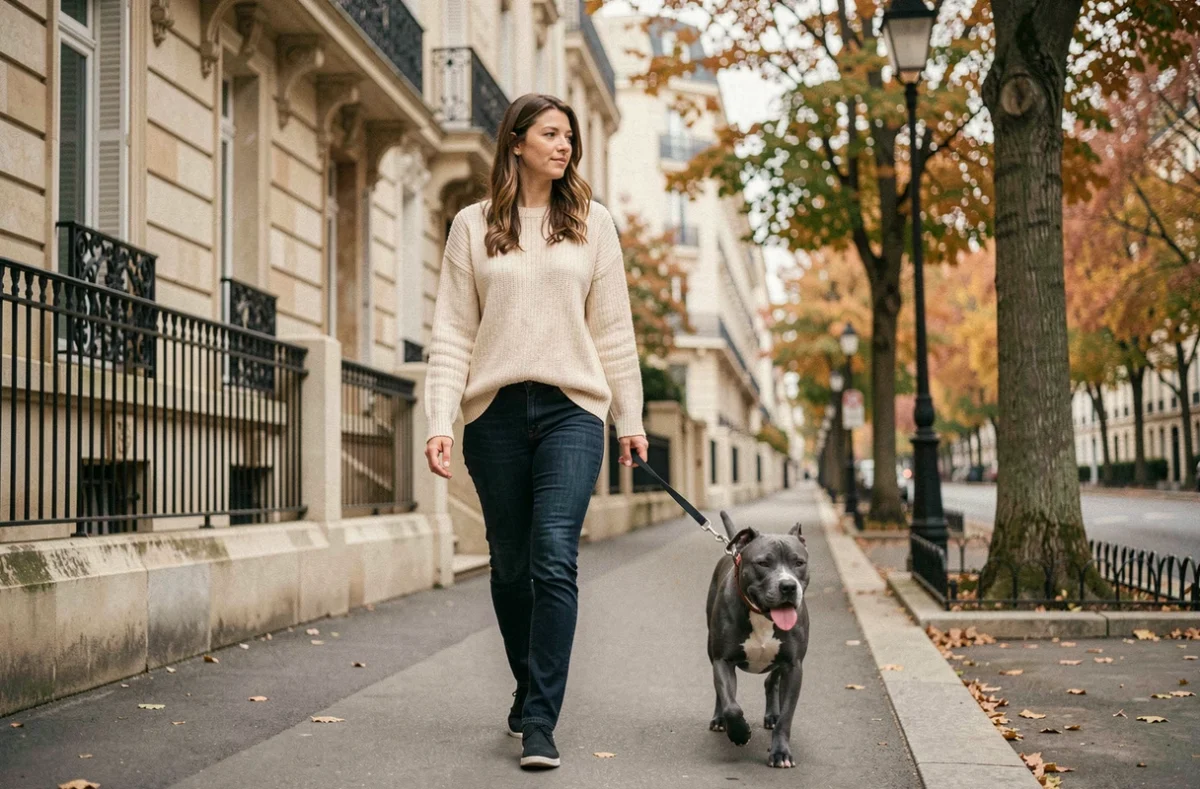 Femme promenant son Staffie Bleu adulte en laisse dans un quartier résidentiel parisien
