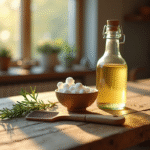 Table rustique avec vinaigre blanc et romarin lumineux