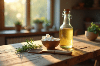 Table rustique avec vinaigre blanc et romarin lumineux