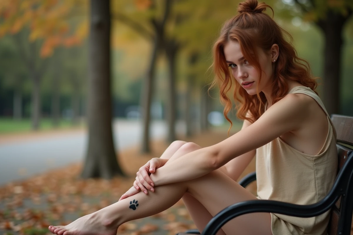 Jeune femme assise dans un parc montrant son tatouage de patte de chien minimaliste sur la cheville en mémoire de son animal