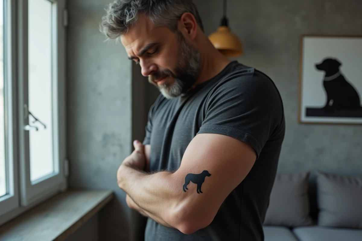 Homme montrant son tatouage discret de silhouette de chien sur l'avant-bras en hommage à son animal de compagnie
