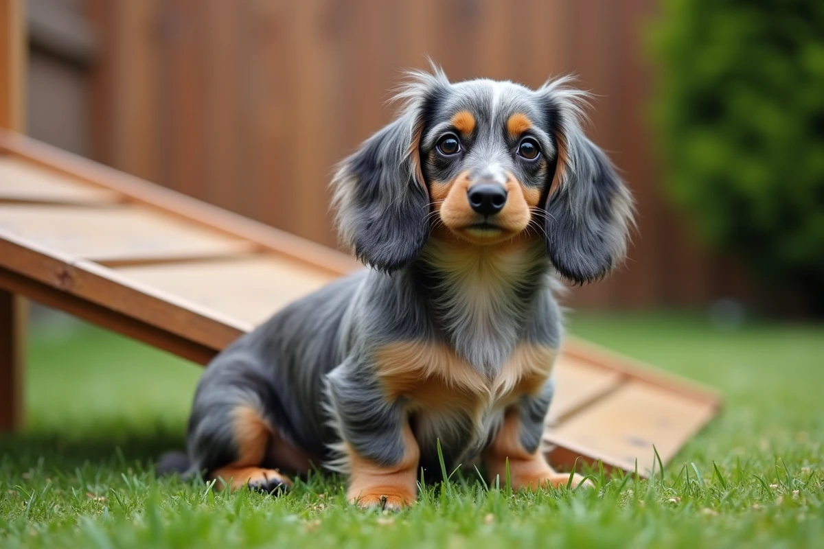 Teckel arlequin poil long assis près d'une rampe d'agility dans un jardin verdoyant