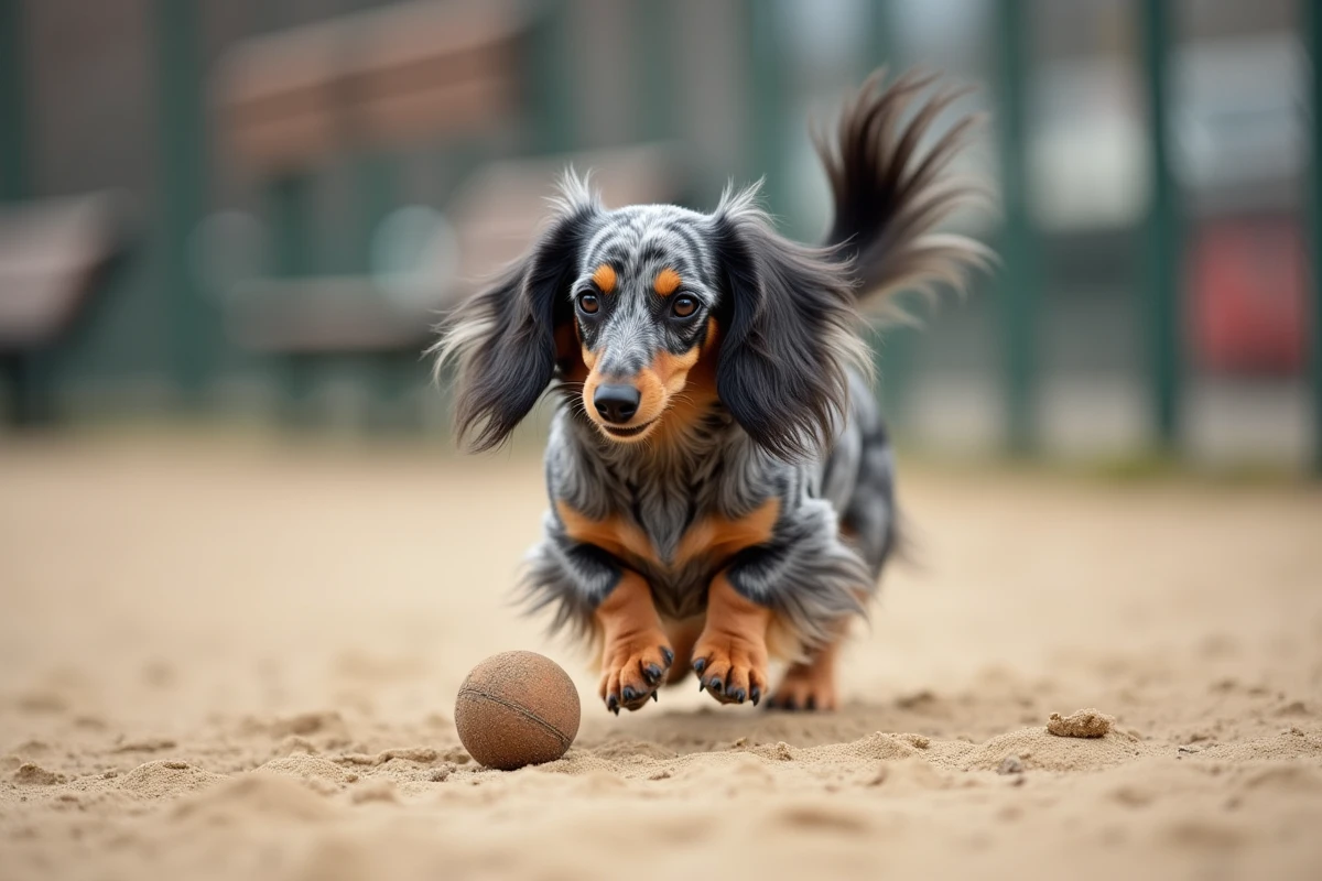 Teckel poil long arlequin en plein jeu avec une balle dans un parc canin urbain