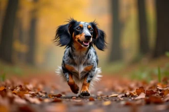 Teckel poil long arlequin qui trottine avec énergie sur un sentier forestier couvert de feuilles d'automne
