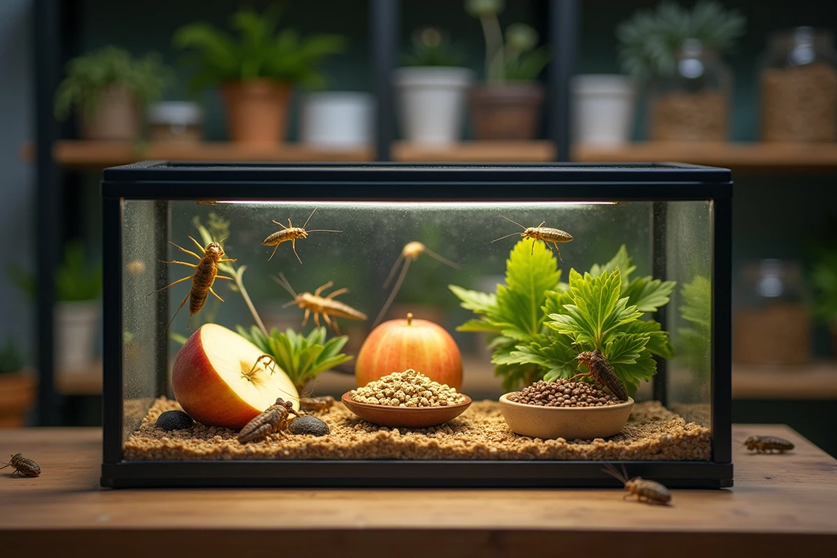 Terrarium de grillons domestiques avec variété d'aliments incluant pomme, granulés et feuilles de pissenlit sur établi en bois