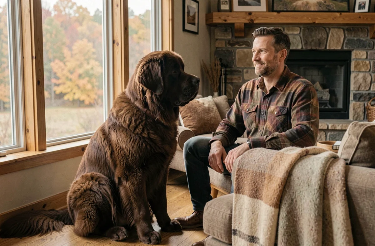 Chien Terre Neuve adulte adoptés assis calmement dans un salon cosy à côté de son propriétaire, illustrant l'adoption d'un Terre Neuve adulte
