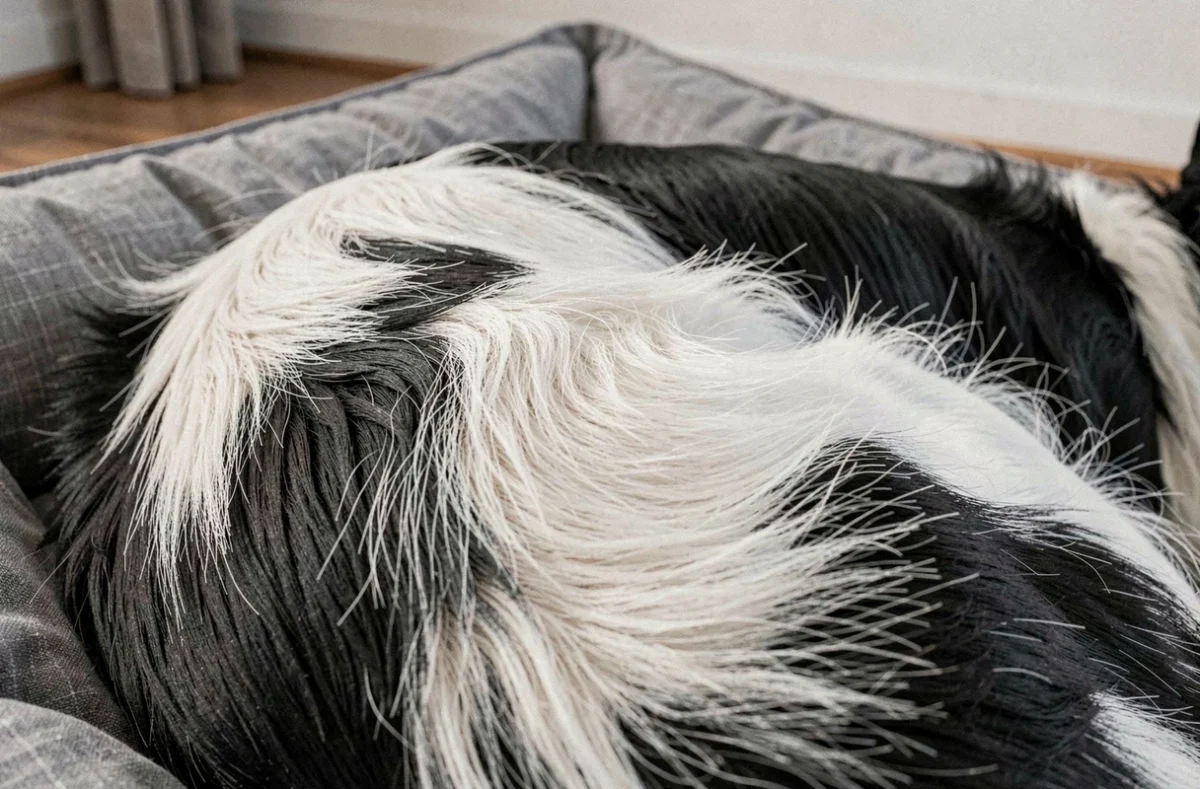 Gros plan sur le pelage court et dense d'un Border Collie à poil ras allongé sur un coussin gris, mettant en valeur la texture lisse et les variations de couleur de la robe
