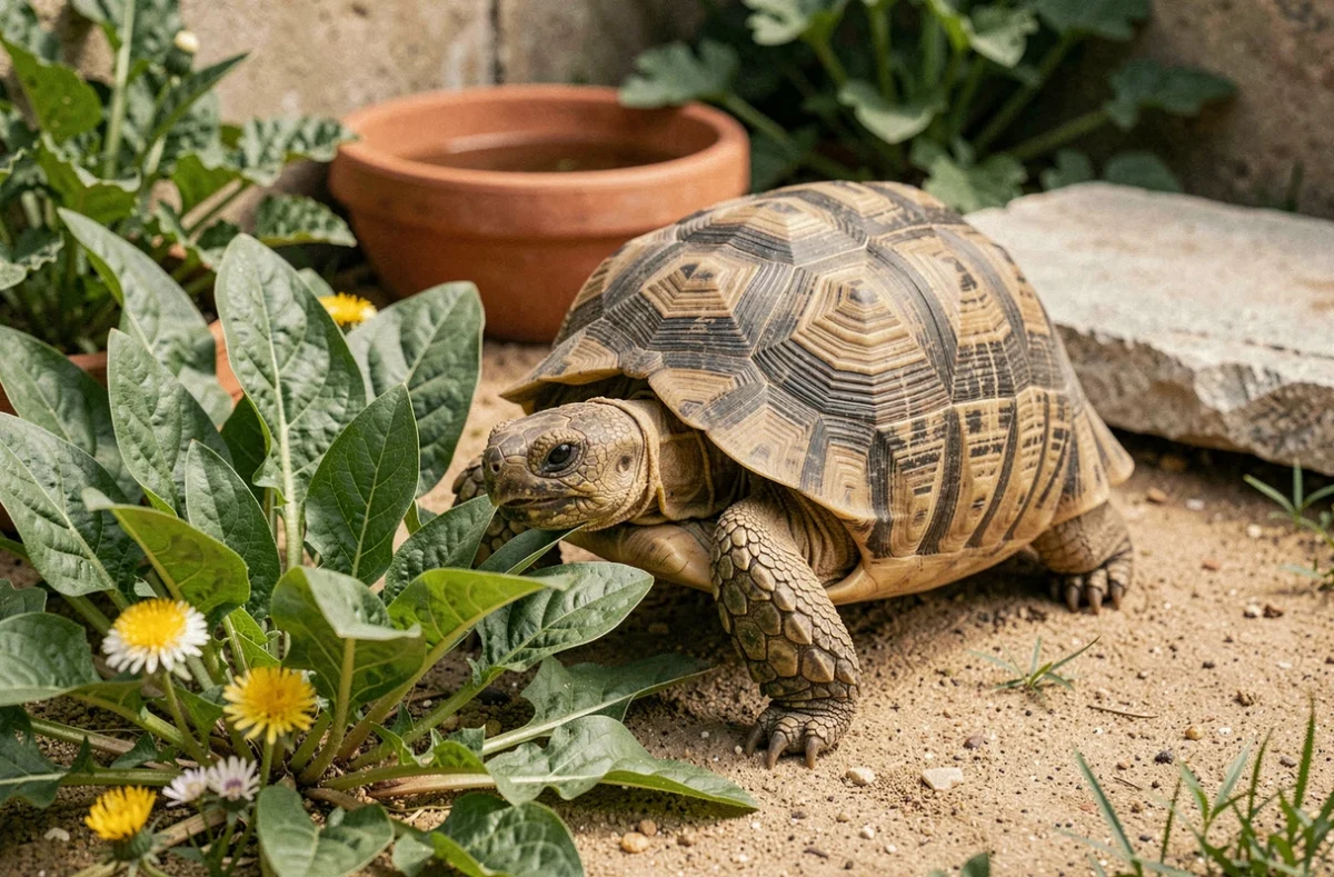 Tortue méditerranéenne broutant des feuilles de plantain et de pissenlit dans un enclos autonome avec substrat sableux et pierres calcaires