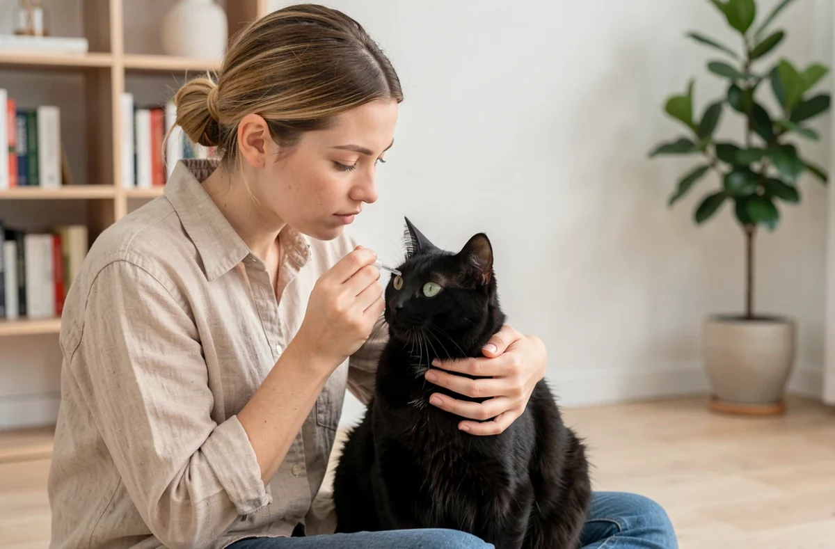 Propriétaire administrant des gouttes ophtalmiques à son chat noir dans le cadre du traitement d'un ulcère cornéen à domicile