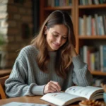 Femme consultant un dictionnaire illustré des animaux classés par ordre alphabétique à la lettre N, assise dans une bibliothèque chaleureuse
