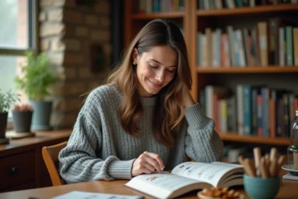 Femme consultant un dictionnaire illustré des animaux classés par ordre alphabétique à la lettre N, assise dans une bibliothèque chaleureuse