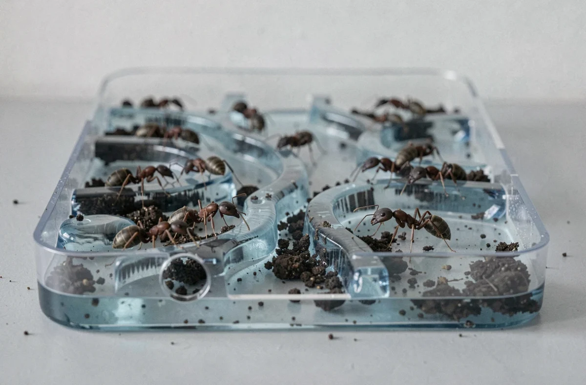Gros plan sur les tunnels creusés par des fourmis dans le gel nutritif bleu d'un kit fourmilière, détail macro réaliste