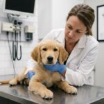 Vétérinaire examinant un chiot golden retriever sur une table d'examen en acier inoxydable dans une clinique vétérinaire moderne
