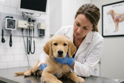 Vétérinaire examinant un chiot golden retriever sur une table d'examen en acier inoxydable dans une clinique vétérinaire moderne