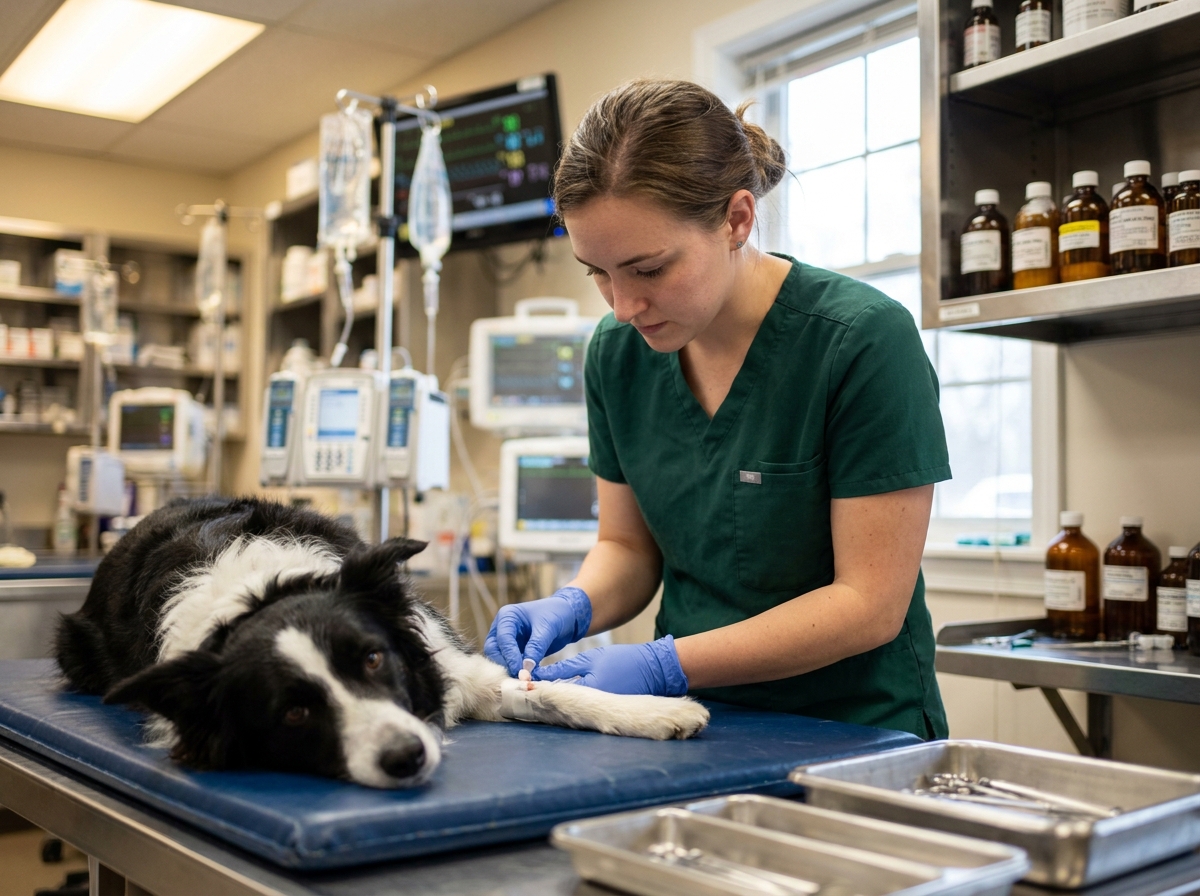 Technicienne vétérinaire posant une perfusion intraveineuse sur un border collie dans une salle de soins d'urgence vétérinaires