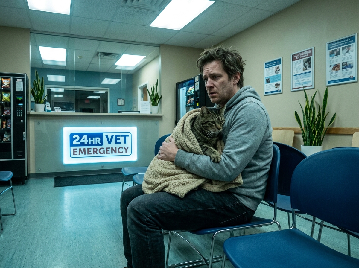 Propriétaire anxieux tenant son chat enveloppé dans une couverture dans la salle d'attente d'une clinique vétérinaire d'urgence de nuit