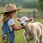 Jeune fille caressant un veau mini vache dans un pré