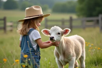Jeune fille caressant un veau mini vache dans un pré