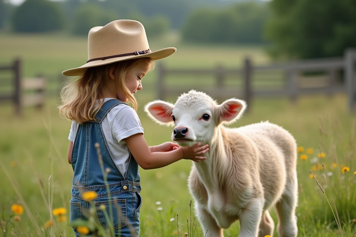 Jeune fille caressant un veau mini vache dans un pré