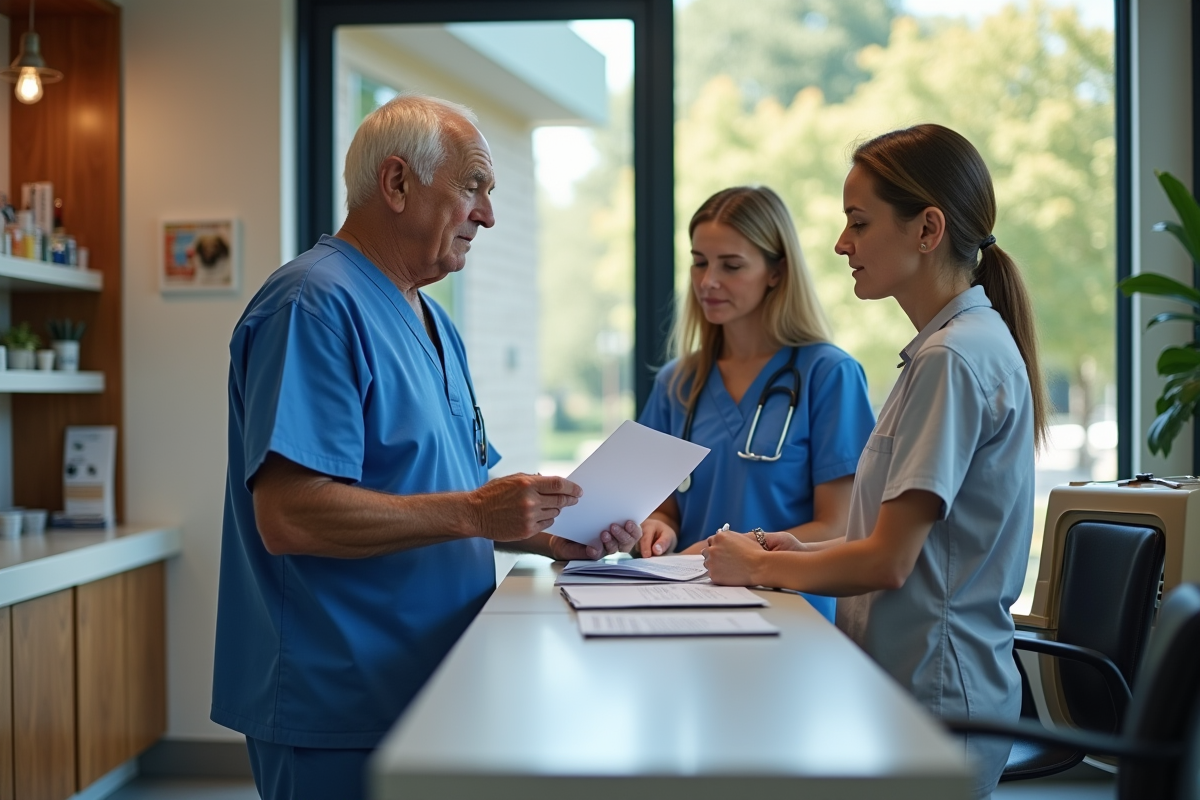 Vétérinaire examinant des documents avec un couple à la réception