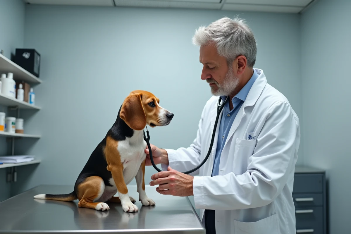 Vétérinaire examinant un beagle en clinique, représentant les soins vétérinaires remboursés par une mutuelle chien